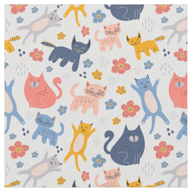 Cute Colorful Pastel Cats Fabric (Close Up)