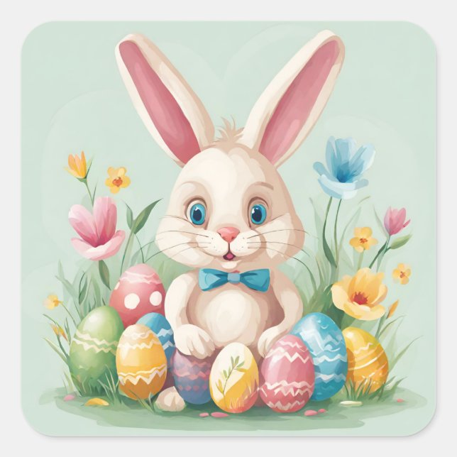 Cute Colorful Pastel Easter Bunny Square Stickers (Front)