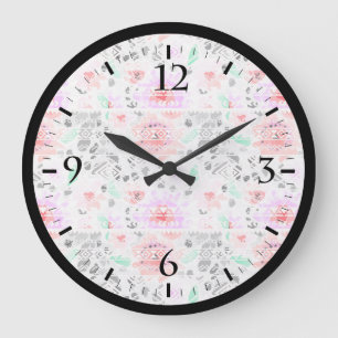 Cute colorful pastel floral aztec large clock