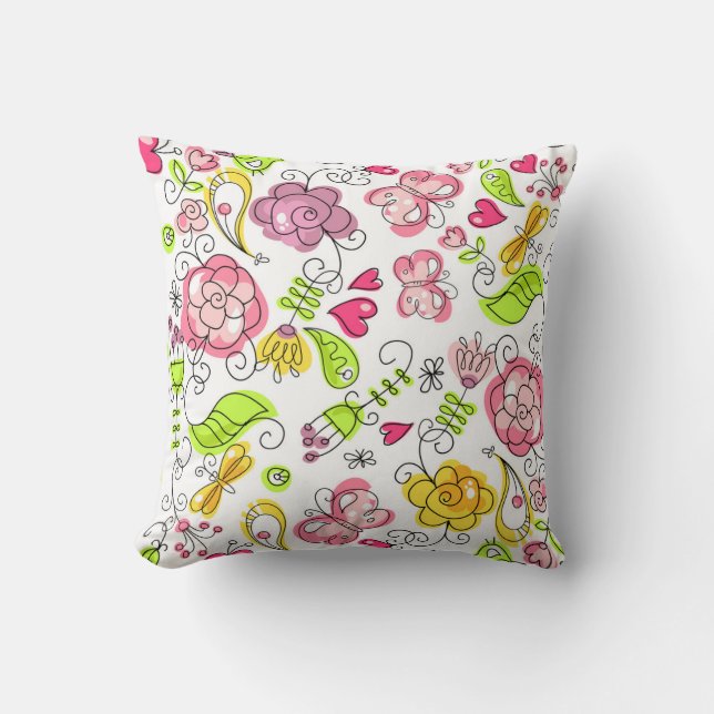 Cute Colorful Pastel Flowers Hears & Butterfly's Throw Pillow (Front)