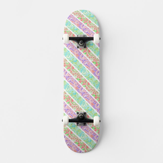 Cute colorful pastel flowers stripes skateboard (Front)