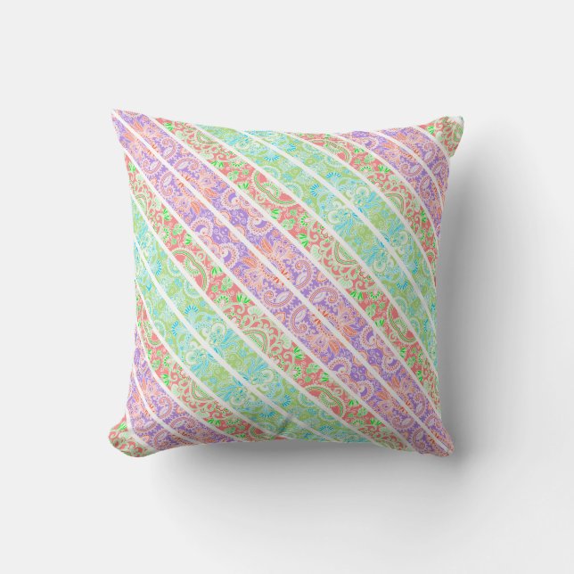 Cute colorful pastel flowers stripes throw pillow (Front)