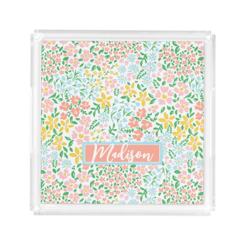 Cute Colorful Pastel Garden Flower Pattern Acrylic Tray