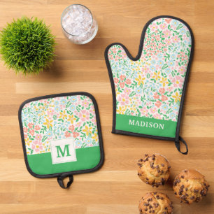 Cute Colorful Pastel Garden Flower Pattern Oven Mitt & Pot Holder Set