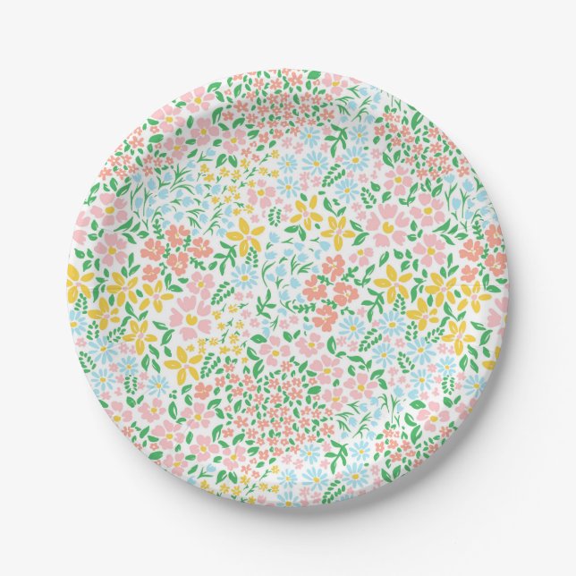 Cute Colorful Pastel Garden Flower Pattern Paper Plates (Front)