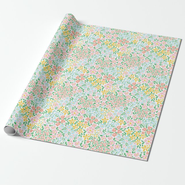 Cute Colorful Pastel Garden Flower Pattern Wrapping Paper (Unrolled)
