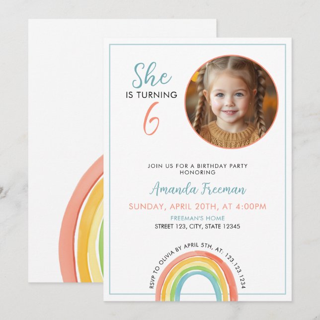 Cute Colorful Pastel Rainbow Girls Photo Birthday Invitation (Front/Back)
