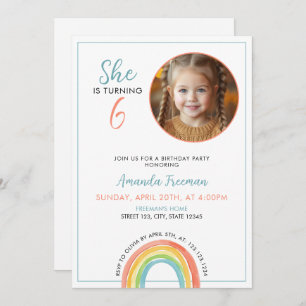 Cute Colorful Pastel Rainbow Girls Photo Birthday Invitation