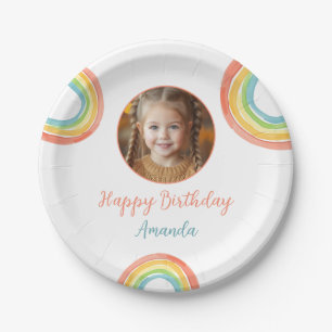 Cute Colorful Pastel Rainbow Girls Photo Birthday Paper Plates