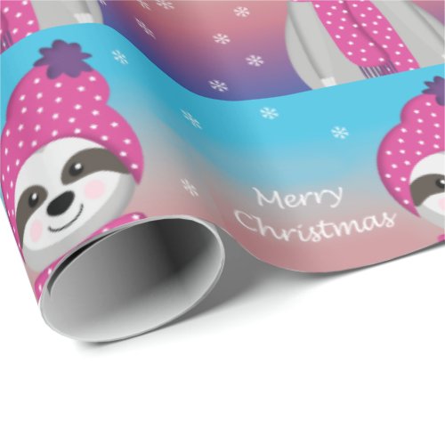 Cute colorful pastel sloth snow Merry Christmas Wrapping Paper