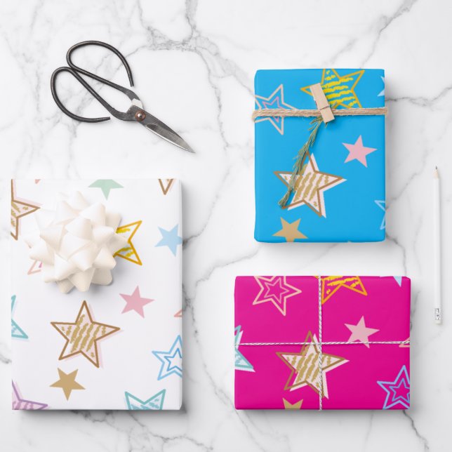 Cute Colorful Pastel Stars Pattern Wrapping Paper Sheets (Front)