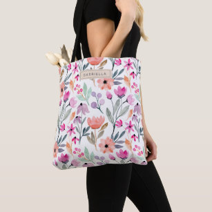 Cute Colorful Pastel Watercolor Floral Custom Name Tote Bag