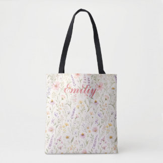 Cute Colorful Pastel Watercolor Floral Custom Name Tote Bag