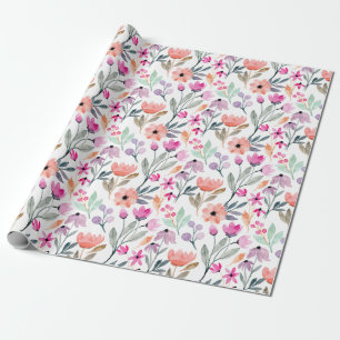 Cute Colorful Pastel Watercolor Flowers Pattern Wrapping Paper