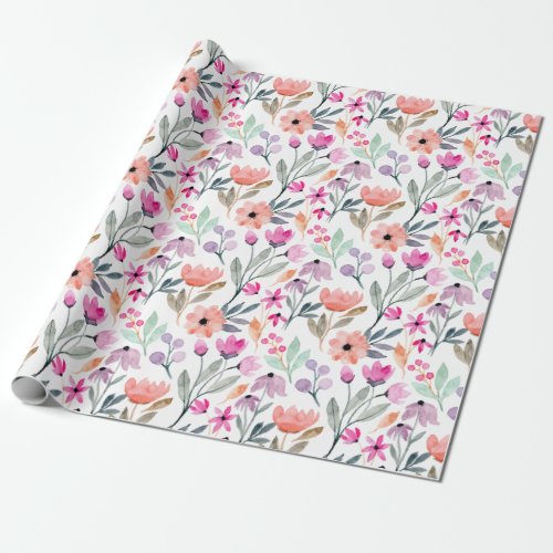 Cute Colorful Pastel Watercolor Flowers Pattern Wrapping Paper