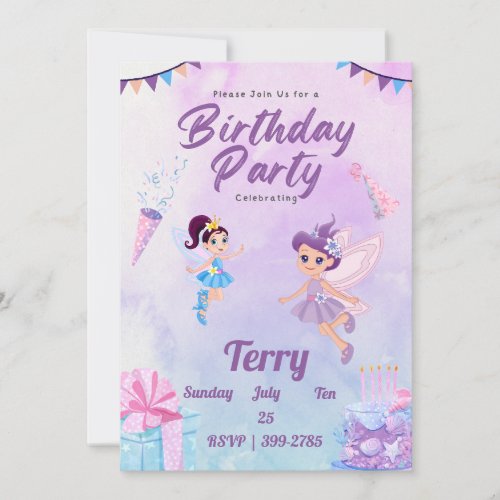 Cute Colorful Pastels Fairies Girls Birthday Party Invitation