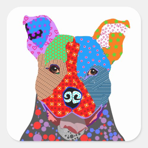 Cute Colorful Patchwork Pitbull Dog Square Sticker