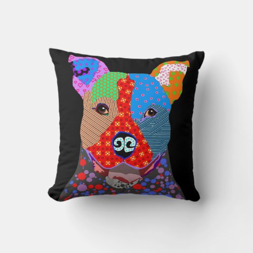 Cute Colorful Patchwork Pitbull Dog Throw Pillow