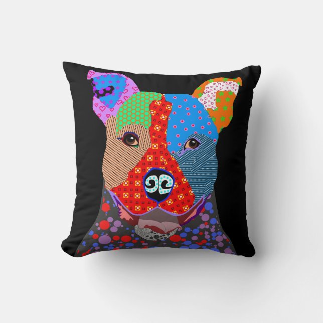 Cute Colorful Patchwork Pitbull Dog Throw Pillow (Front)