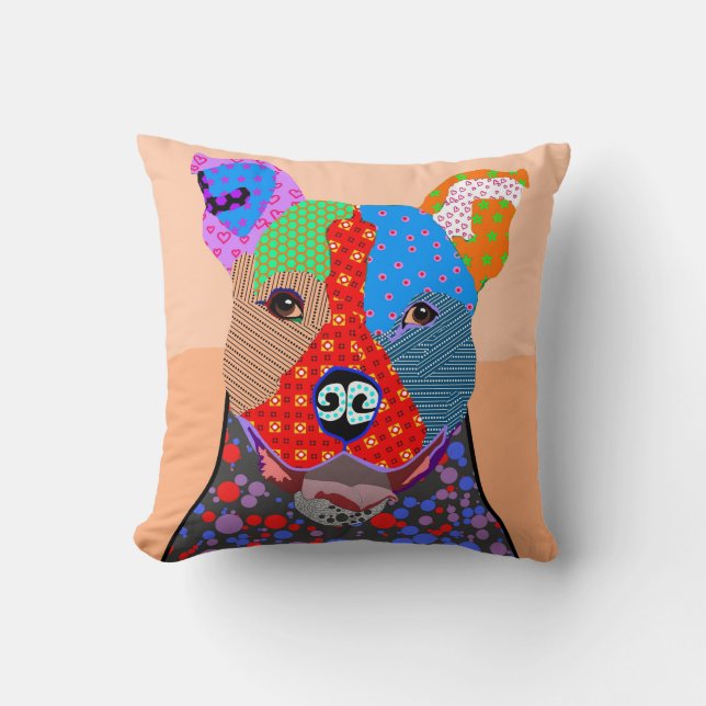 Cute Colorful Patchwork Pitbull Dog Throw Pillow (Front)