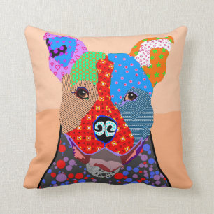 Cute Colorful Patchwork Pitbull Dog Throw Pillow