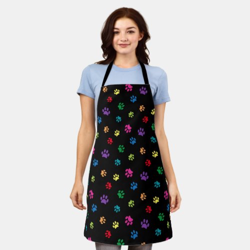 Cute Colorful Paw Prints Pattern Black Apron