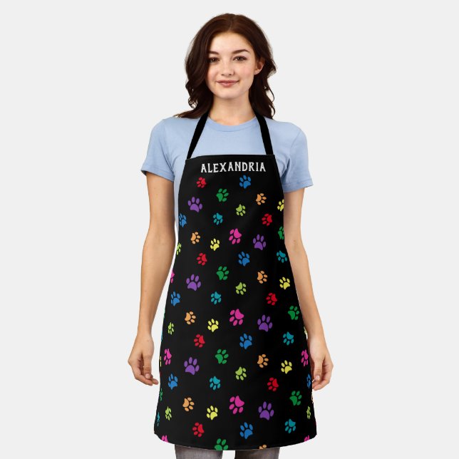 Cute Colorful Paw Prints Pattern Black Custom Apron (Worn)