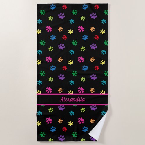 Cute Colorful Paw Prints Pattern Black Custom Beach Towel