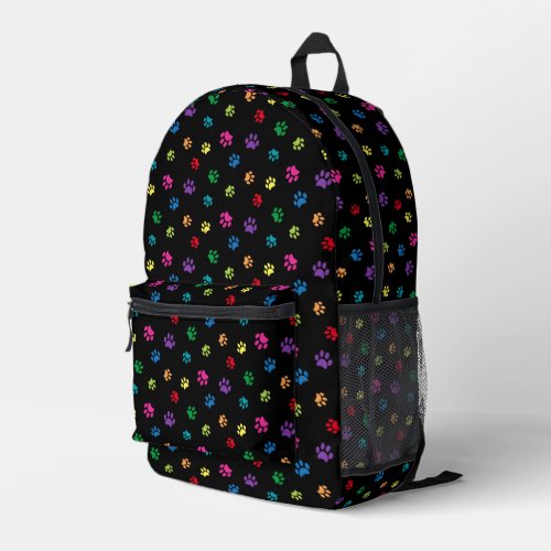 Cute Colorful Paw Prints Pattern Black Printed Backpack