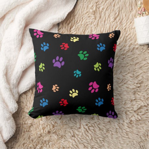 Cute Colorful Paw Prints Pattern Black Throw Pillow