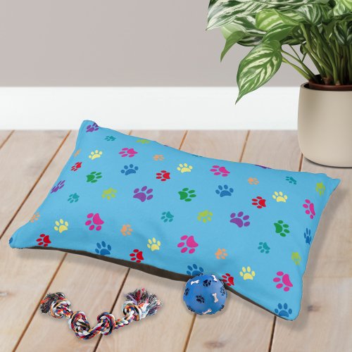 Cute Colorful Paw Prints Pattern Blue Pet Bed