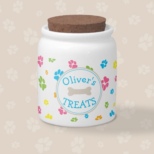 Cute Colorful Paw prints Pattern Name Dog treat Candy Jar
