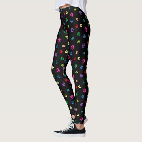 Cute Colorful Paw Prints Pattern on Black Leggings