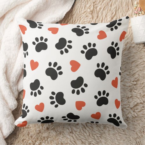 Cute Colorful Paw Prints Pattern Throw Pillow