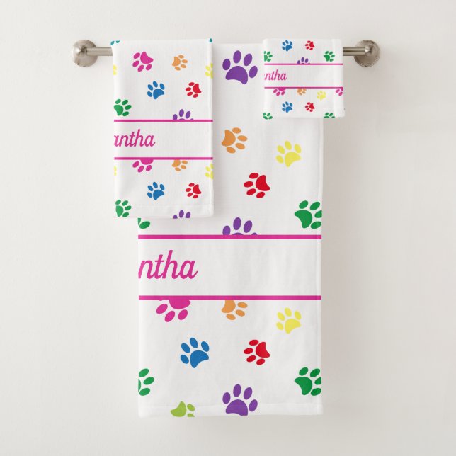 Cute Colorful Paw Prints Personalized Bath Towel Set (Insitu)
