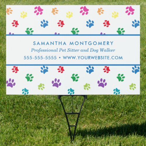 Cute Colorful Paw Prints Professional Pet Sitter Sign