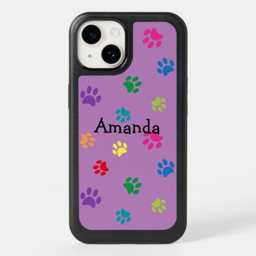 Cute Colorful Paw Prints Purple Personalized OtterBox iPhone 14 Case