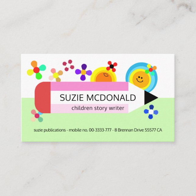 Cute Colorful Pencil Sun Flowers Business Card (Front)