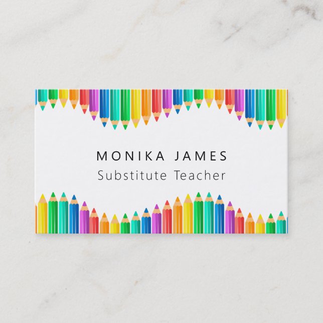 Cute Colorful Pencils Substitute Teacher Business Card (Front)