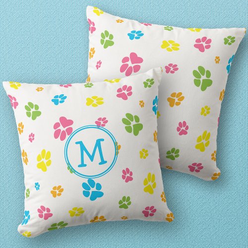 Cute Colorful Pet Dog Paw prints Pattern Monogram Throw Pillow