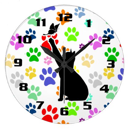 Cute Colorful Pet Paw Cat chasing a butterfly Large Clock