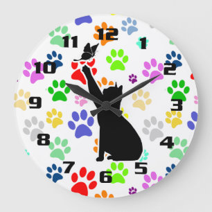 Cute Colorful Pet Paw Cat chasing a butterfly Large Clock