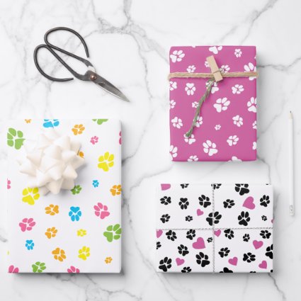 Cute colorful pet paw prints and hearts pattern wrapping paper sheets