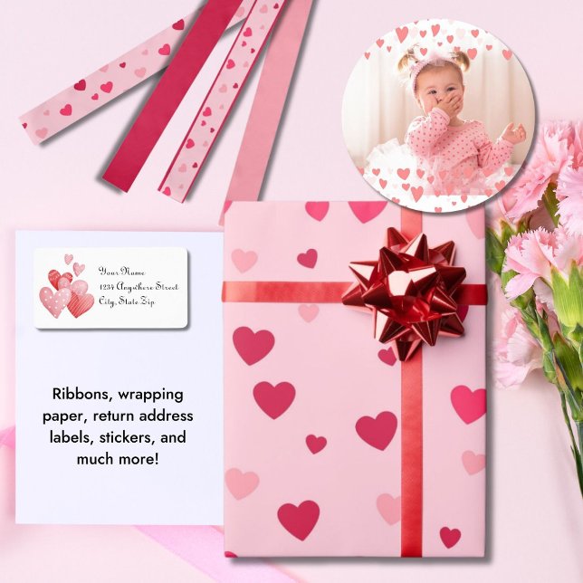 Cute Colorful Pink and Red Hearts  Wrapping Paper (Wrapping Paper, Return Address Labels, Ribbon, Stickers)