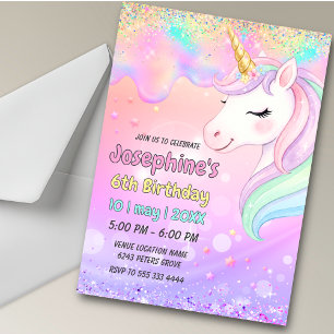 Cute colorful pink aqua unicorn dripping birthday invitation