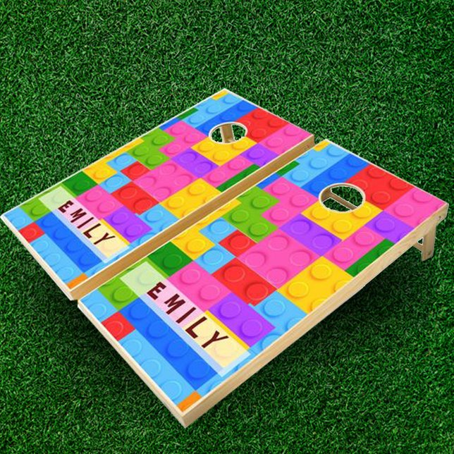 Cute Colorful Pink Blue Building Blocks Kids Name  Cornhole Set (Creator Uploaded)