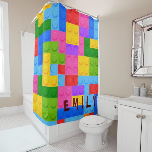 Cute Colorful Pink Blue Building Blocks Kids  Shower Curtain (In Situ)