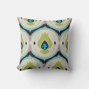 Cute colorful pink green ikat tribal patterns throw pillow