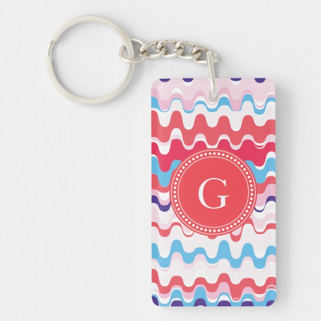 Cute colorful pink red abstract pattern monogram keychain (Front)