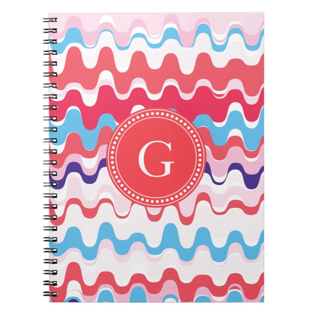 Cute colorful pink red abstract pattern monogram notebook (Front)
